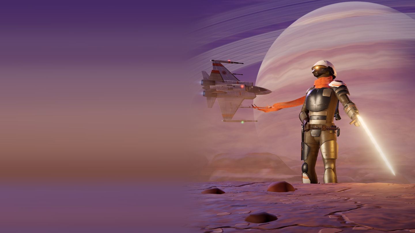 Concept art: an armoured bounty hunter with an energy blade on a dusk desert, a fighter and a ringed gas giant behind.
