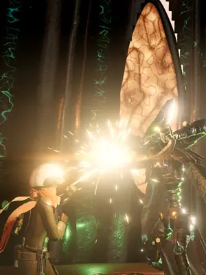 Energy blades clash in a burst of sparks inside a hive.