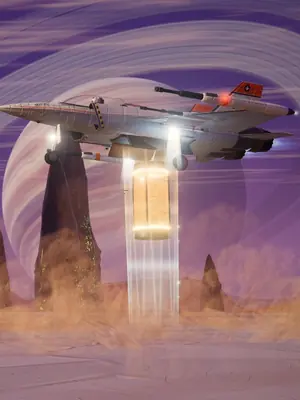 A glowing capsule is lifted up into the hovering Kestrel.