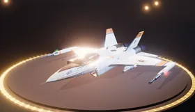 The Kestrel SX-9, a white and orange fighter, on the Hangar pad.