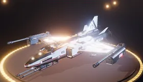 The Sovereign V-1, a long white gunship, on the Hangar pad.