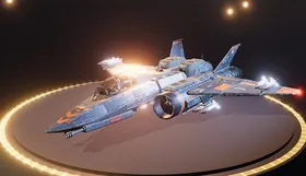 The Starling M-7, a grey fighter with orange panels, on the Hangar pad.