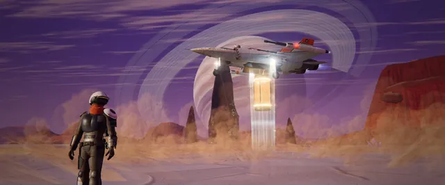 The Captain watches a capsule rise into the hovering Kestrel on a desert world.