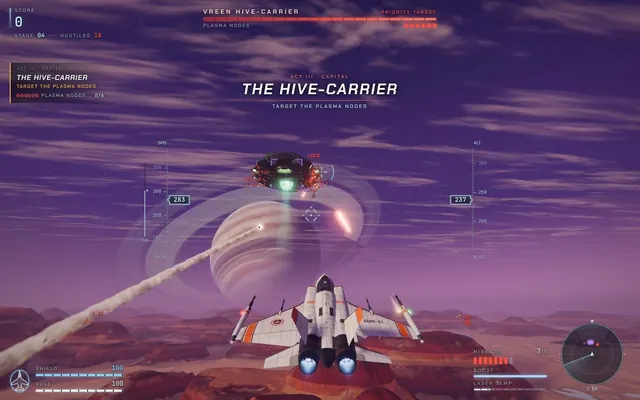 The Kestrel closes on a Vreen hive-carrier in front of the ringed gas giant.