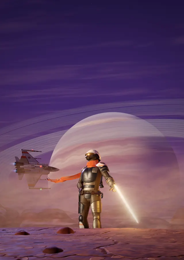 Key art: the Captain on Zhar-7 with an energy blade, the Kestrel and the ringed gas giant behind.