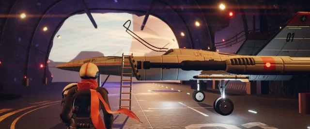 The Captain walks to the Kestrel in the hangar.