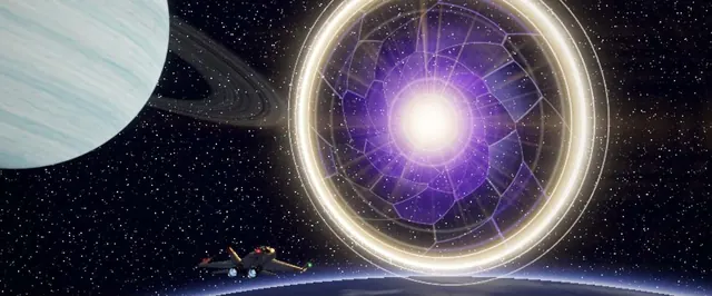 The Kestrel heads for an open Slipgate above a planet.