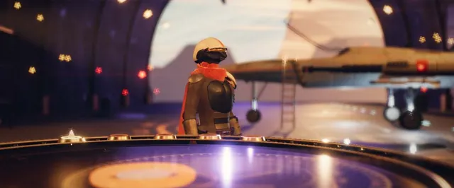 The Captain at the Ledger holo-table in the hangar.