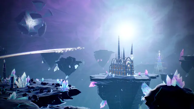 Aurelion: floating islands of shattered crystal in violet light.