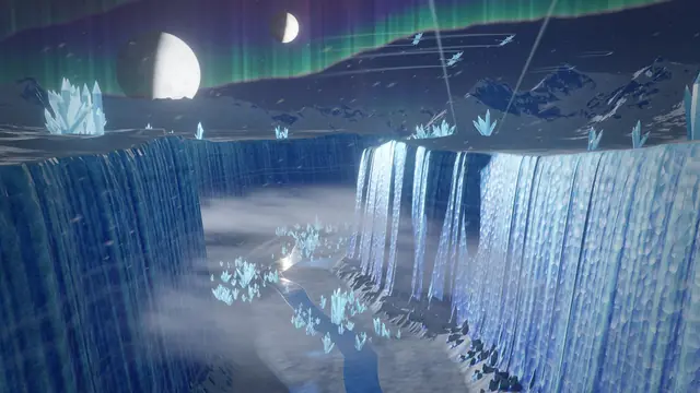Kryos Veil: an ice canyon under twin moons and an aurora.